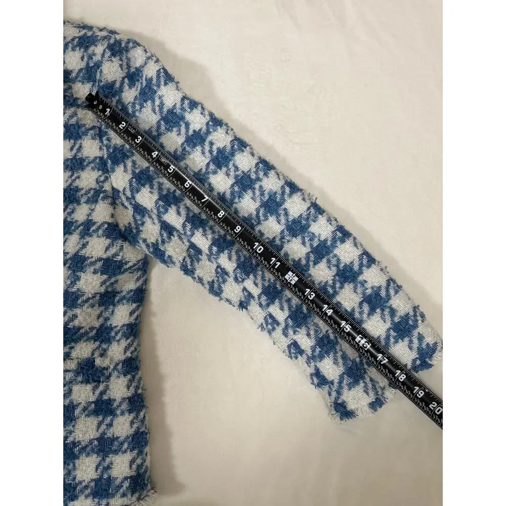 Ann Taylor Blue White Tweed Fringe The Cutaway Jacket Women’s Large Open Front